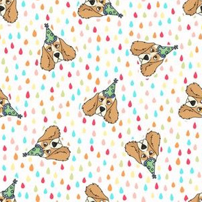  Hand drawn cute cocker spaniel puppy with party hat breed pattern. 