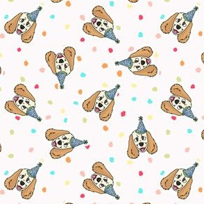  Hand drawn cute cocker spaniel puppy with party hat breed pattern.