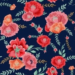 RED PINK ORANGE PEONIES ON PLAIN BLUE NAVY BACKGROUND small
