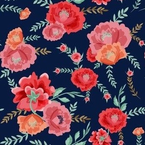 RED PINK ORANGE PEONIES ON PLAIN BLUE NAVY BACKGROUND small  by art for joy lesja saramakova gajdosikova design