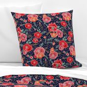 CORAL PINK PEONIES CORAL RAIN NAVY BACKGROUND  by art for joy lesja saramakova gajdosikova design