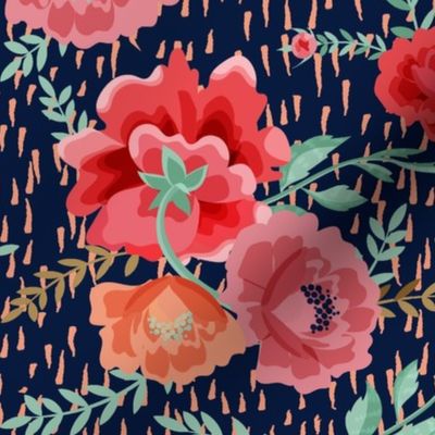 CORAL PINK PEONIES CORAL RAIN NAVY BACKGROUND  by art for joy lesja saramakova gajdosikova design