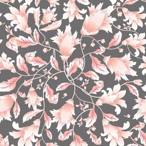 REIMAGINED DAMASK CORAL GREY FLOWERS  by art for joy lesja saramakova gajdosikova design