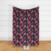 RED PINK ORANGE PEONIES ON PLAIN BLUE NAVY BACKGROUND lesja saramakova gajdosikova design