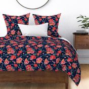 RED PINK ORANGE PEONIES ON PLAIN BLUE NAVY BACKGROUND lesja saramakova gajdosikova design