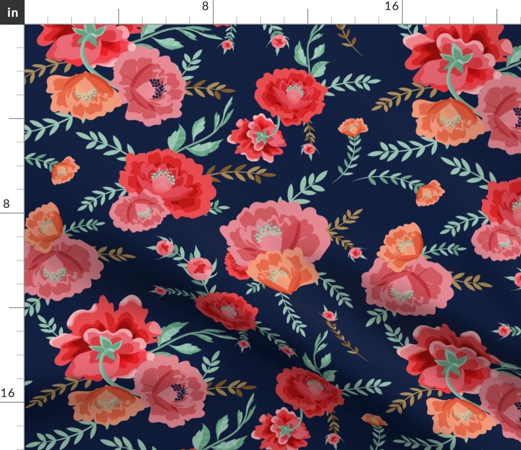 RED PINK ORANGE PEONIES ON PLAIN BLUE NAVY BACKGROUND lesja saramakova gajdosikova design