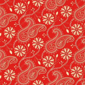 Chikankari Paisley Embroidery- Florals in Red and  Flax- Regular scale