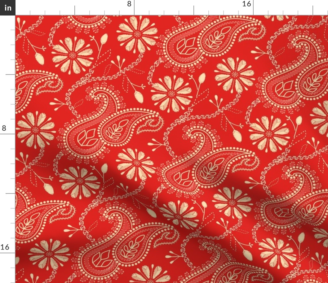 Chikankari Paisley Embroidery- Florals in Red and  Flax- Regular scale