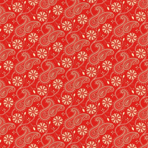 Chikankari Paisley Embroidery- Florals in Red and  Flax- Small scale