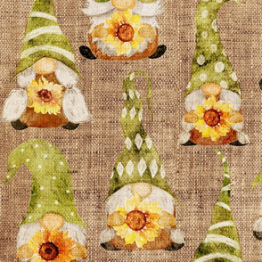Gnomes with Sunflowers on Burlap - large scale