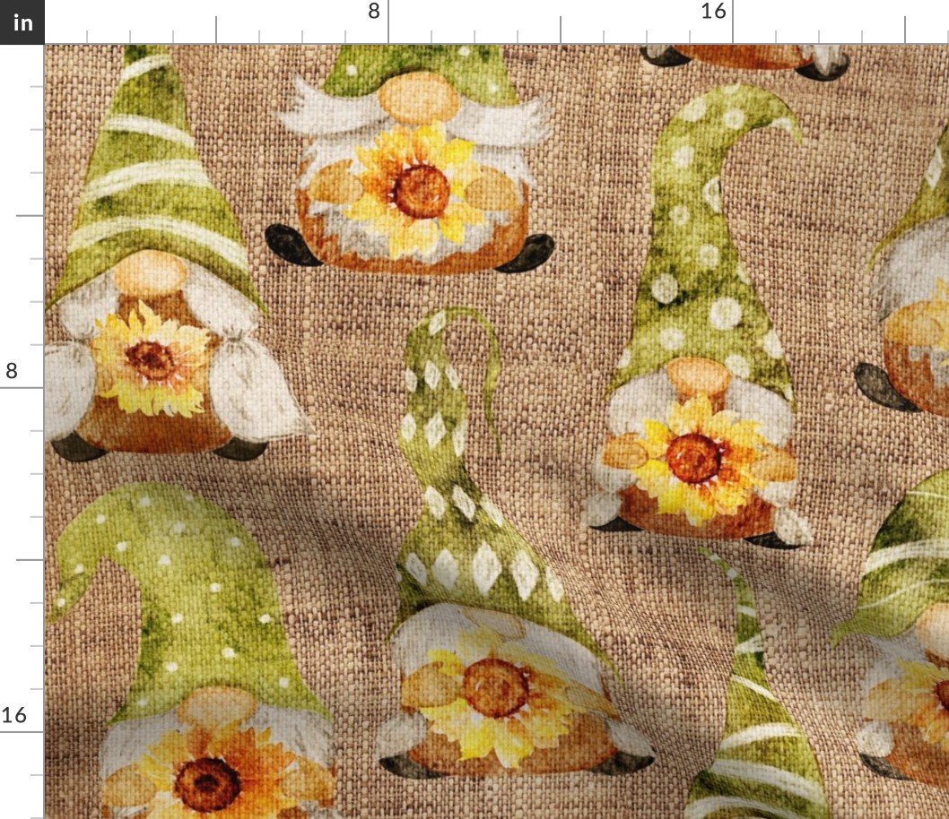 Gnomes with Sunflowers on Burlap - large scale