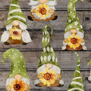 Gnomes with Sunflowers on Barn wood - large scale