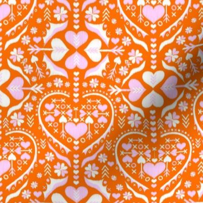 love heart ❤️ damask - orange and cotton candy pink - small