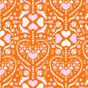 love heart ❤️ damask - orange and cotton candy pink - small