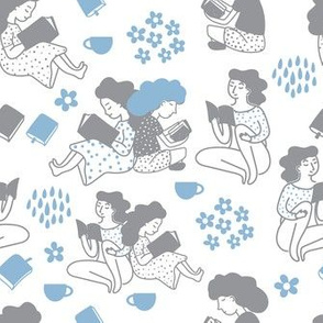 girls reading in grey and cerulean - small scale