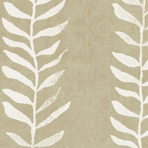 Botanical Block Print, Cream on Bronze Gold (xxl scale) | Leaf pattern fabric from original block print, neutral decor, plant fabric, tan fabric, off white and taupe.