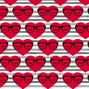 Red Hearts with Glasses on Dark Grey Watercolor Stripes