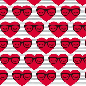 Red Hearts with Glasses on Light Grey Watercolor Stripes