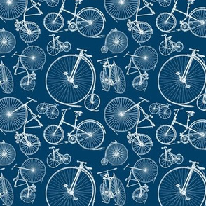 Antique Bikes & Bicycles in White with a Navy Blue Background (Small Scale)