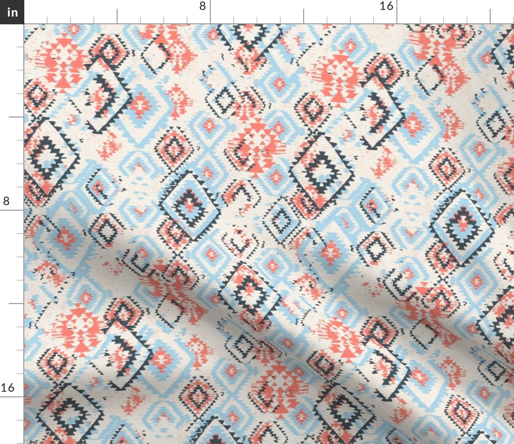 small ikat Aztec Diamonds - coral and sky blue