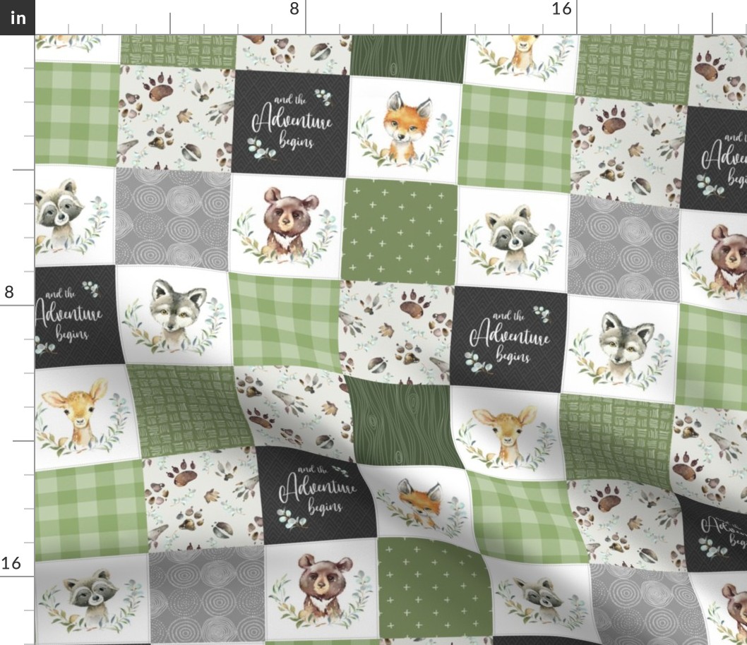 3" BLOCKS Woodland Animal Tracks Quilt Top – Green Patchwork Cheater Quilt, Style Fg