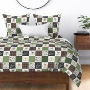 4.5" Woodland Animal Tracks Quilt Top – Brown + Green Patchwork Cheater Quilt, Style F