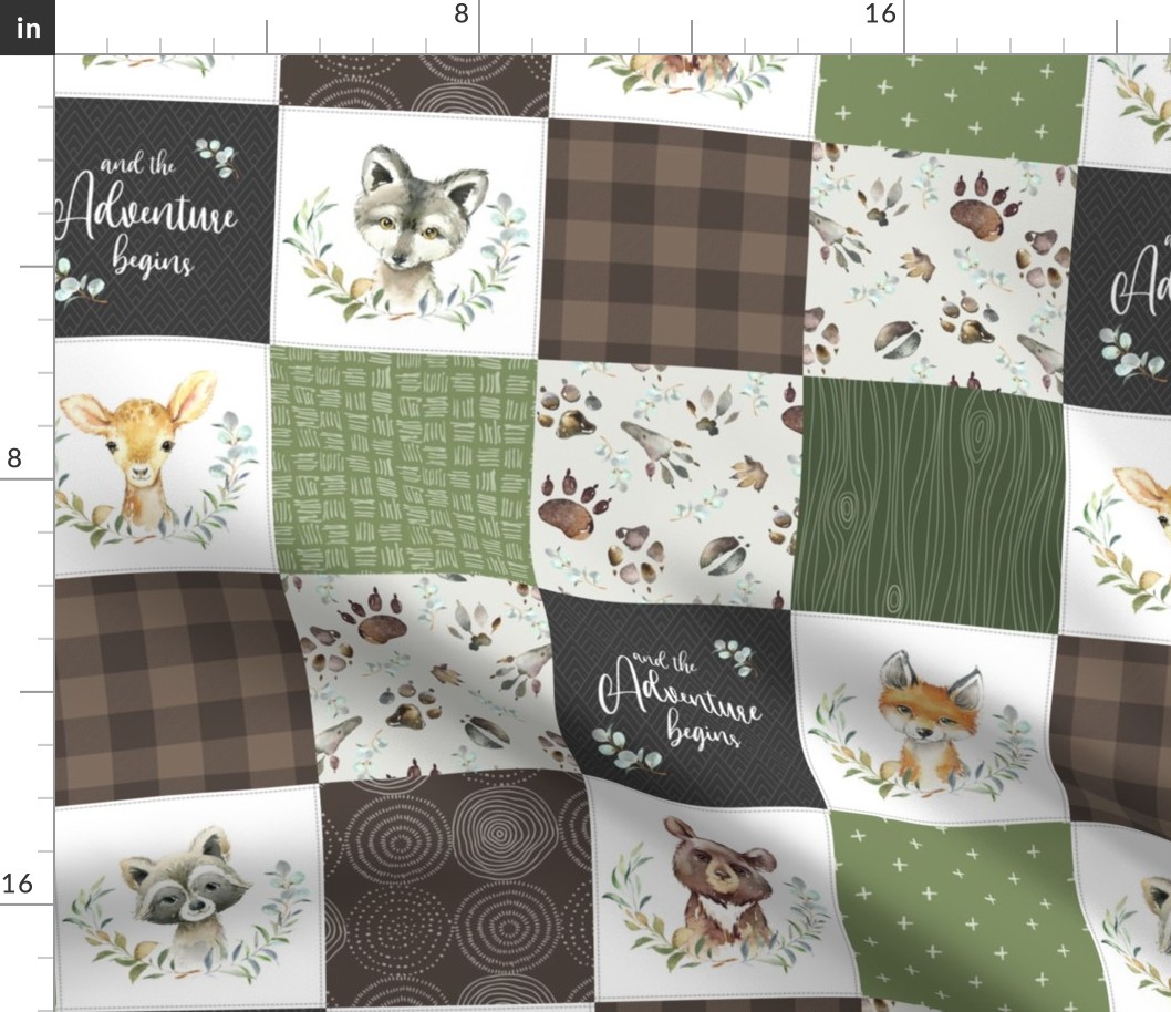 4.5" Woodland Animal Tracks Quilt Top – Brown + Green Patchwork Cheater Quilt, Style F