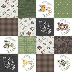 4.5" Woodland Animal Tracks Quilt Top – Brown + Green Patchwork Cheater Quilt, Style F, ROTATED