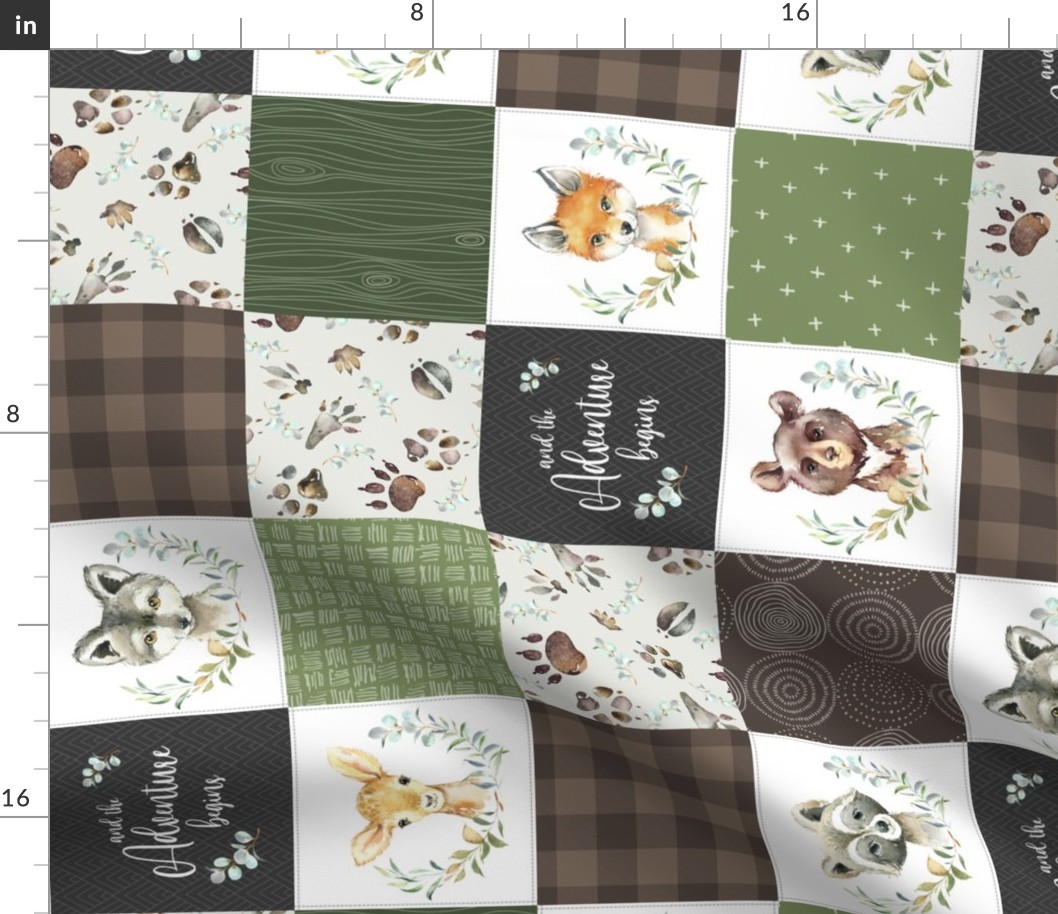 4.5" Woodland Animal Tracks Quilt Top – Brown + Green Patchwork Cheater Quilt, Style F, ROTATED