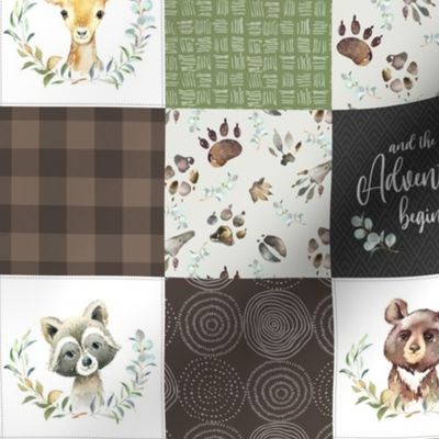 3" Woodland Animal Tracks Quilt Top – Brown + Green Patchwork Cheater Quilt, Style F