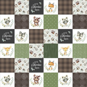 3" Woodland Animal Tracks Quilt Top – Brown + Green Patchwork Cheater Quilt, Style F