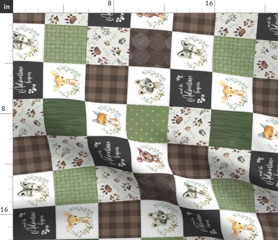 3" Woodland Animal Tracks Quilt Top – Brown + Green Patchwork Cheater Quilt, Style F, ROTATED