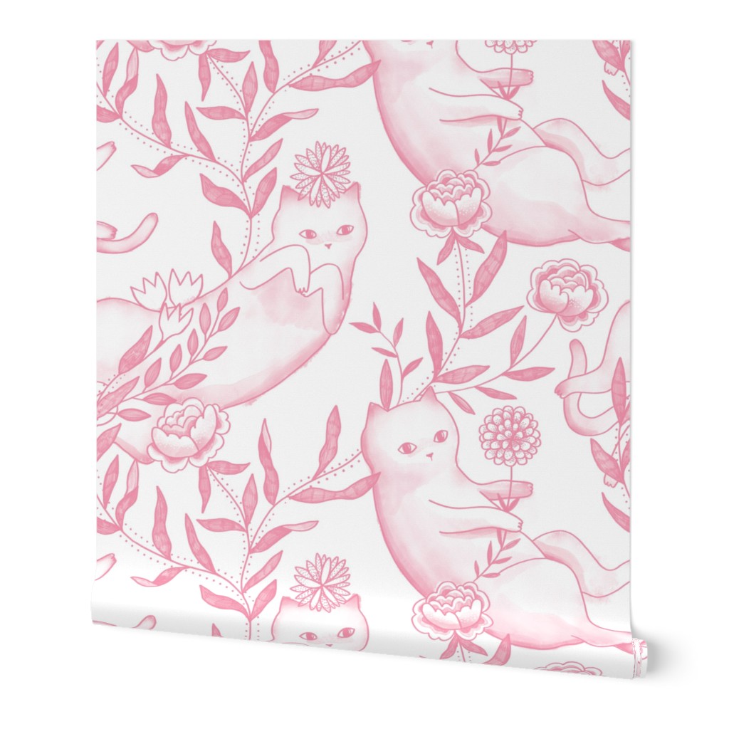 Toile cats wallpaper pink