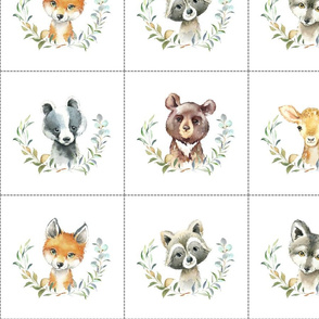 7" Nature Trails animal blocks (FOX, RACCOON, WOLF, BADGER, DEER, BEAR) with dotted cutting lines, DIY quilt