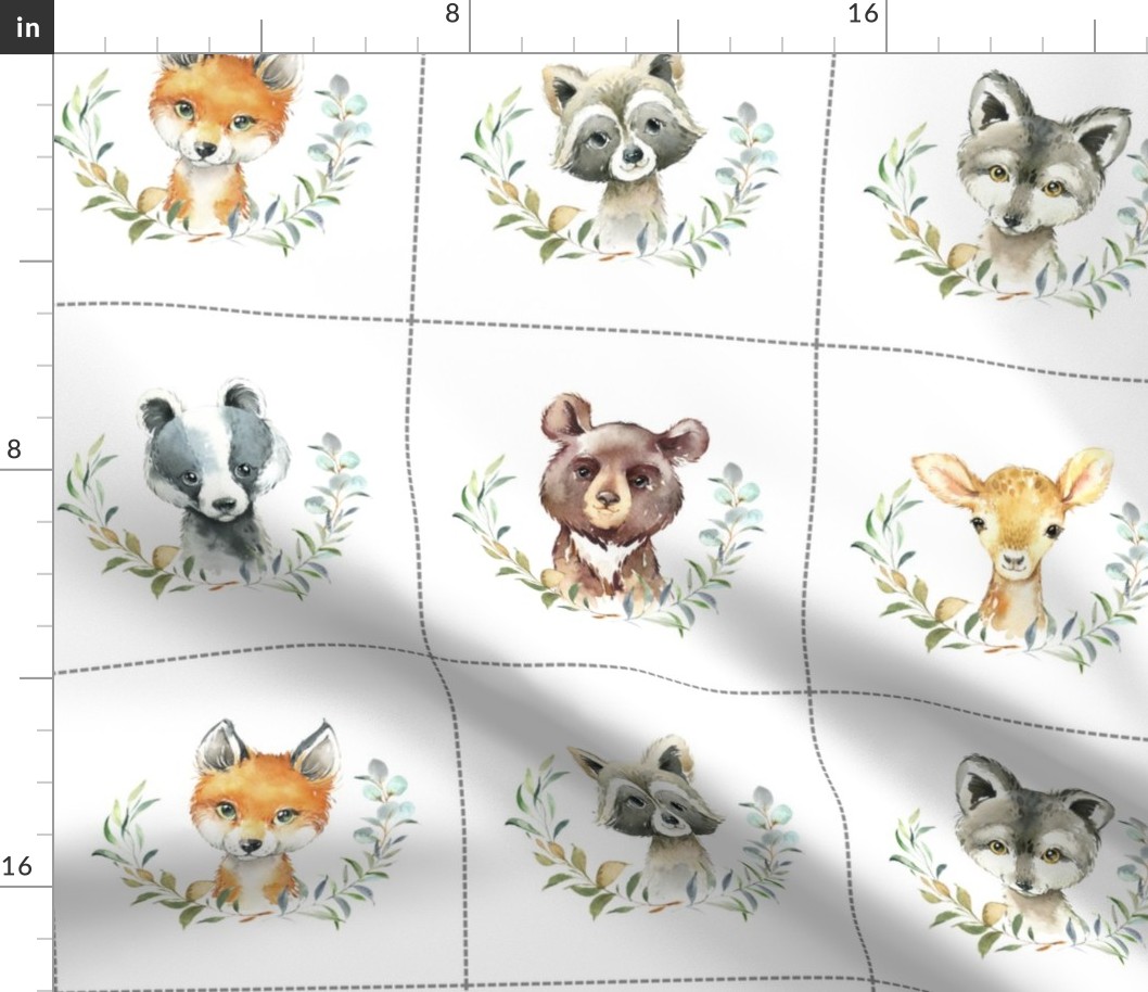 7" Nature Trails animal blocks (FOX, RACCOON, WOLF, BADGER, DEER, BEAR) with dotted cutting lines, DIY quilt