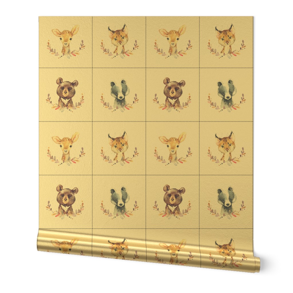7" Nature Trails animal blocks (DEER, BEAR, BOBCAT, BADGER) with dotted cutting lines, DIY quilt