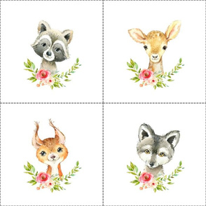 7" Nature Trails animal blocks (SQUIRREL, WOLF, DEER, RACCOON) with dotted cutting lines, DIY quilt
