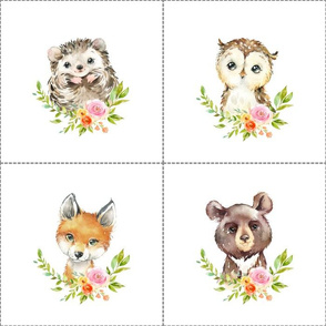 7" Nature Trails animal blocks (FOX, BEAR, OWL, HEDGEHOG) with dotted cutting lines, DIY quilt