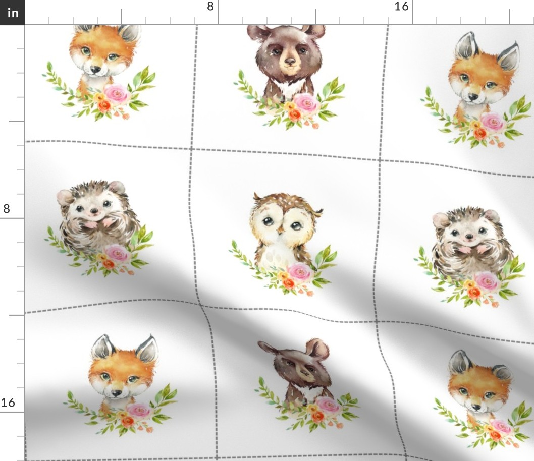 7" Nature Trails animal blocks (FOX, BEAR, OWL, HEDGEHOG) with dotted cutting lines, DIY quilt