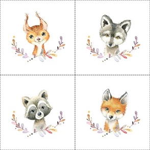 7" Nature Trails animal blocks (SQUIRREL, WOLF, FOX, RACCOON) with dotted cutting lines, DIY quilt