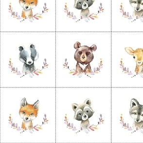 7" Nature Trails animal blocks (FOX, RACCOON, WOLF, BADGER, BEAR, DEER) with dotted cutting lines, DIY quilt