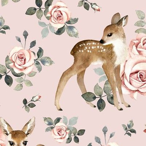 Large Scale / Little Deer With Vintage Roses / Light Dusty Pink Background 