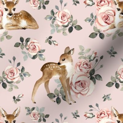 Meduim Scale / Little Deer With Vintage Roses / Light Dusty Pink Background 