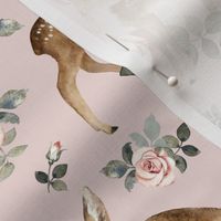 Meduim Scale / Little Deer With Vintage Roses / Light Dusty Pink Background 