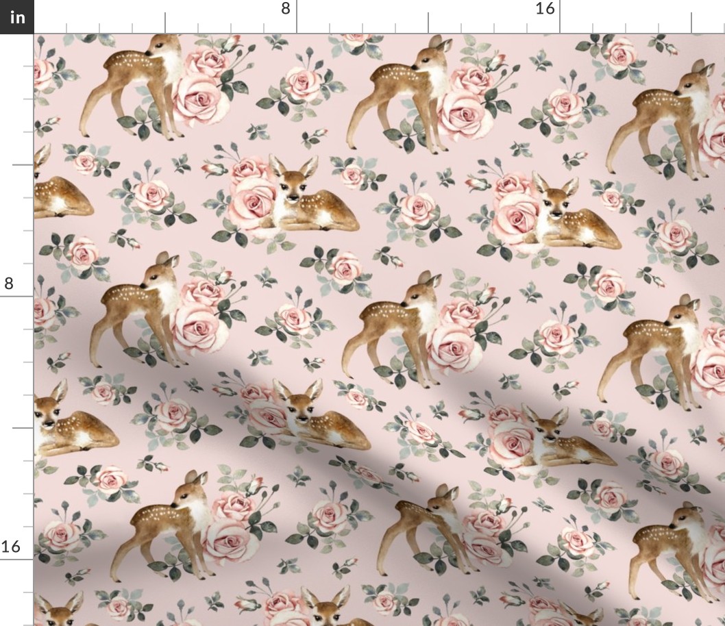 Meduim Scale / Little Deer With Vintage Roses / Light Dusty Pink Background 