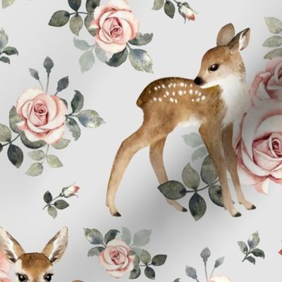 Large Scale / Little Deer With Vintage Roses / Light Grey Background 