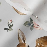 Large Scale / Little Deer With Vintage Roses / Light Grey Background 