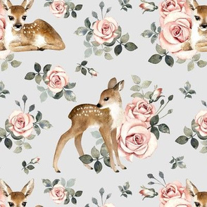 Meduim Scale / Little Deer With Vintage Roses / Light Grey Background 