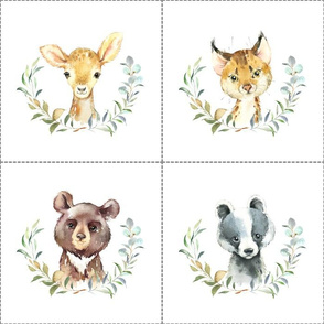 7" Nature Trails animal blocks (BEAR, DEER, BOBCAT, BADGER) with dotted cutting lines, DIY quilt