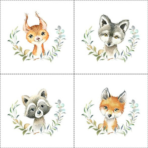 7" Nature Trails animal blocks (FOX, RACCOON, SQUIRREL, WOLF) with dotted cutting lines, DIY quilt